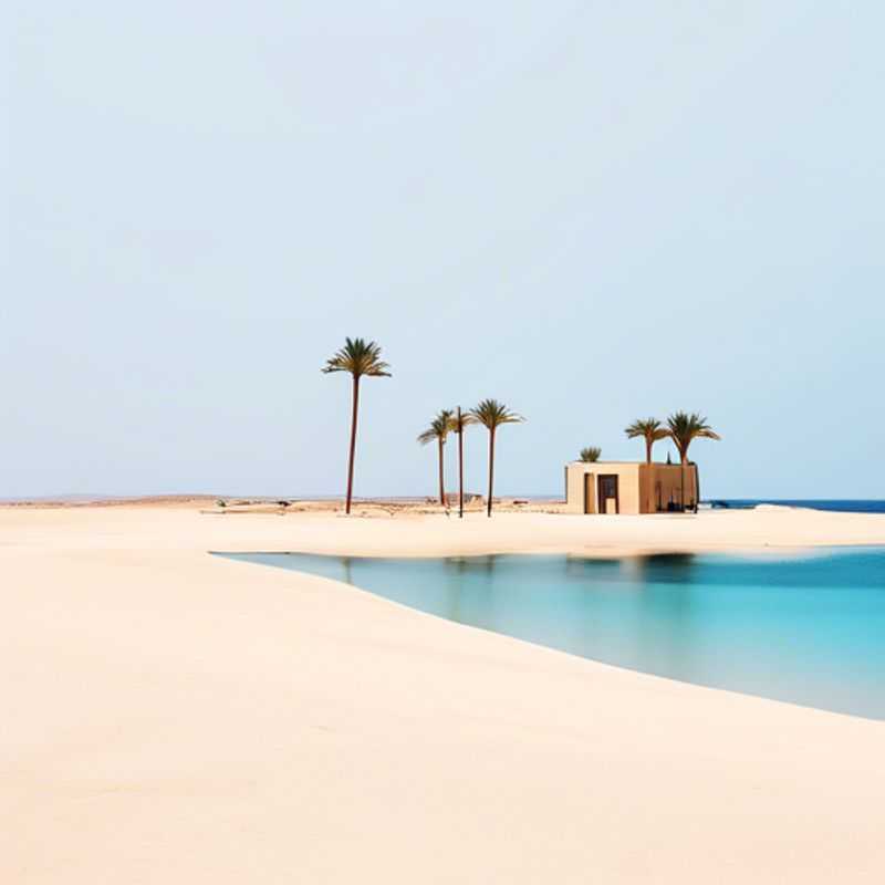 A lone traveler basking in the sun on the pristine white sands of Mahmya Beach, Giftun Island, Egypt, with the turquoise waters of the Red Sea lapping at their feet. This idyllic paradise is the perfect escape for a solo foodie seeking relaxation and adventure.