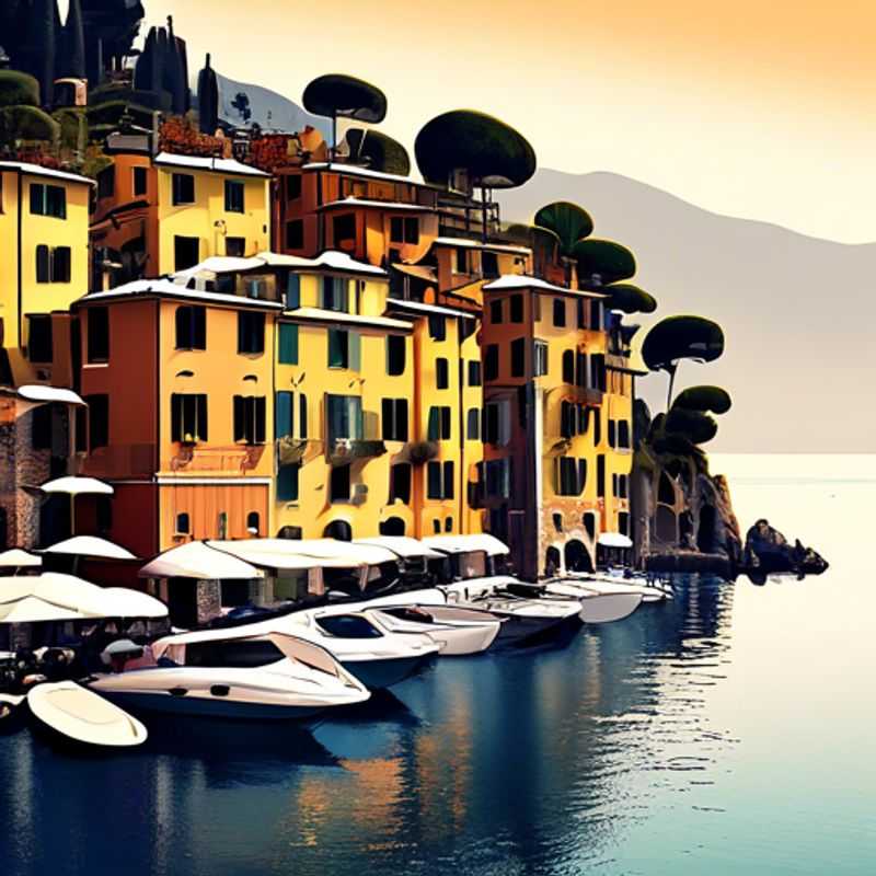 A picturesque winter scene in Portofino, Italy, featuring charming pastel-colored buildings nestled along the harbor, the azure waters sparkling under a crisp blue sky.