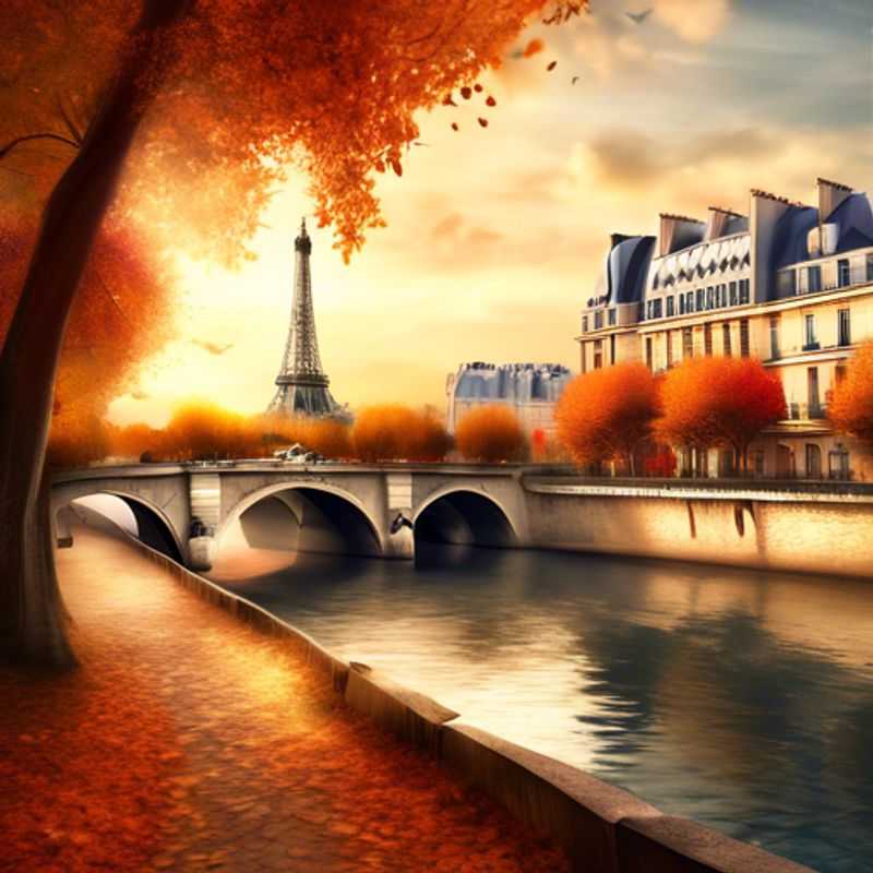 Two couples, The Romantic Travelers, strolling hand-in-hand amidst the golden hues of autumn in Paris, France, as they embark on a week-long journey of discovery and enchantment in the City of Love.